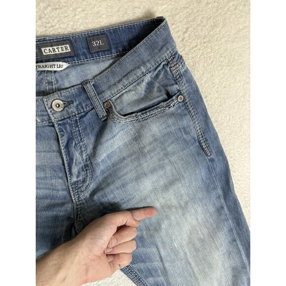 Buckle BKE Carter Jeans Mens 32L 32x32 Blue Straight Distressed Thick Stitch - Picture 7 of 16